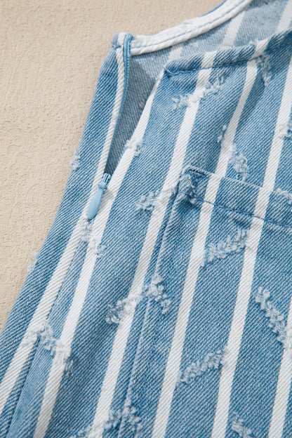 Myosotis Striped Distressed Ruffled Wide Leg Denim Overalls