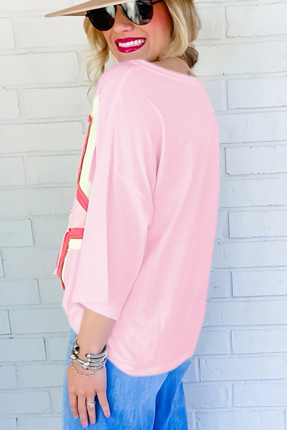 White Colorblock Star Patched Half Sleeve Oversized Tee - Cowaa