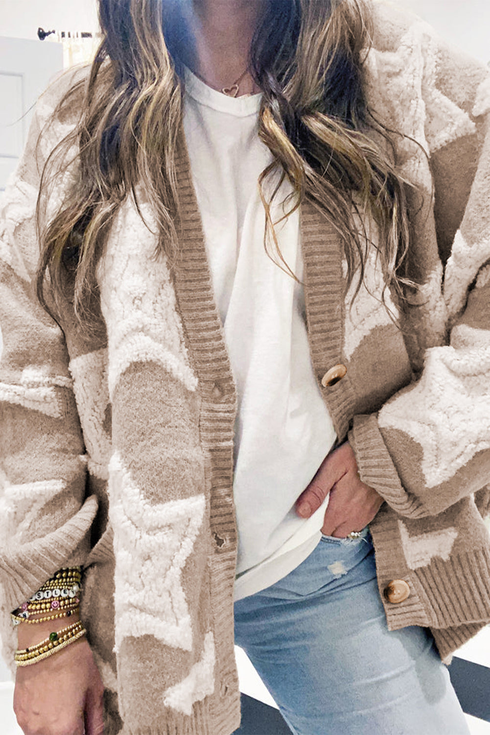 Khaki Star Pattern Pockets Button Front Cardigan - Cowaa
