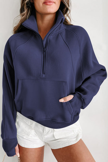 Brown Zip Up Stand Collar Thumbhole Sleeve Sweatshirt - Cowaa
