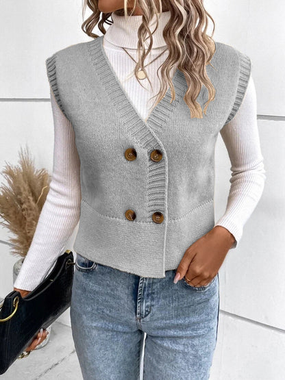 Full Size Button Up V-Neck Sweater Vest - Cowaa