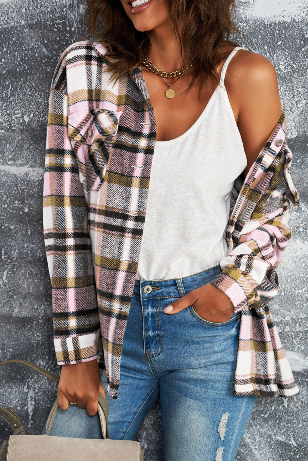 Plaid Button Front Pocket Shirt Shacket - Cowaa