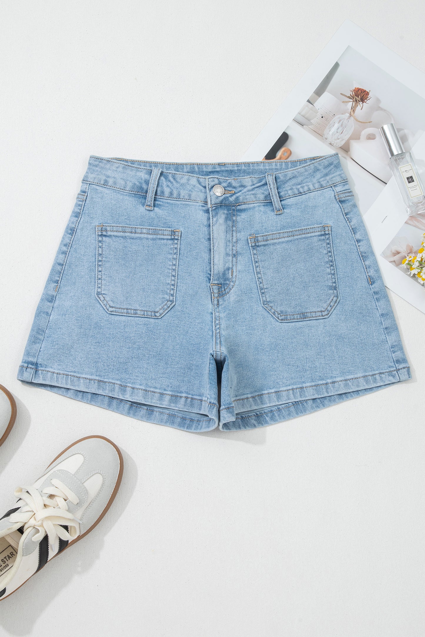 Myosotis High Rise Patch Pocket Denim Shorts - Cowaa