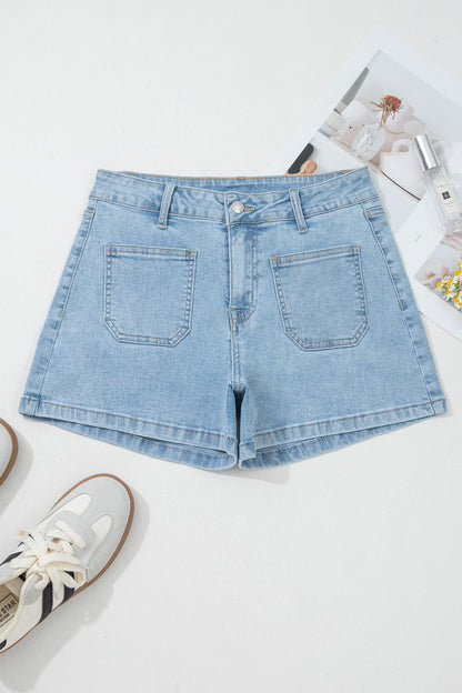 Myosotis High Rise Patch Pocket Denim Shorts - Cowaa