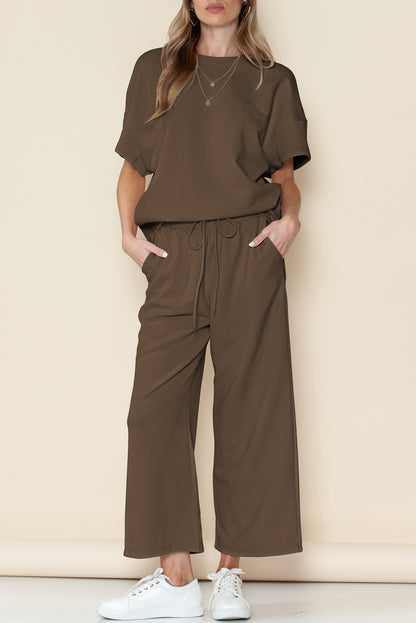 Navy Blue Textured Loose Fit T Shirt and Drawstring Pants Set - Cowaa