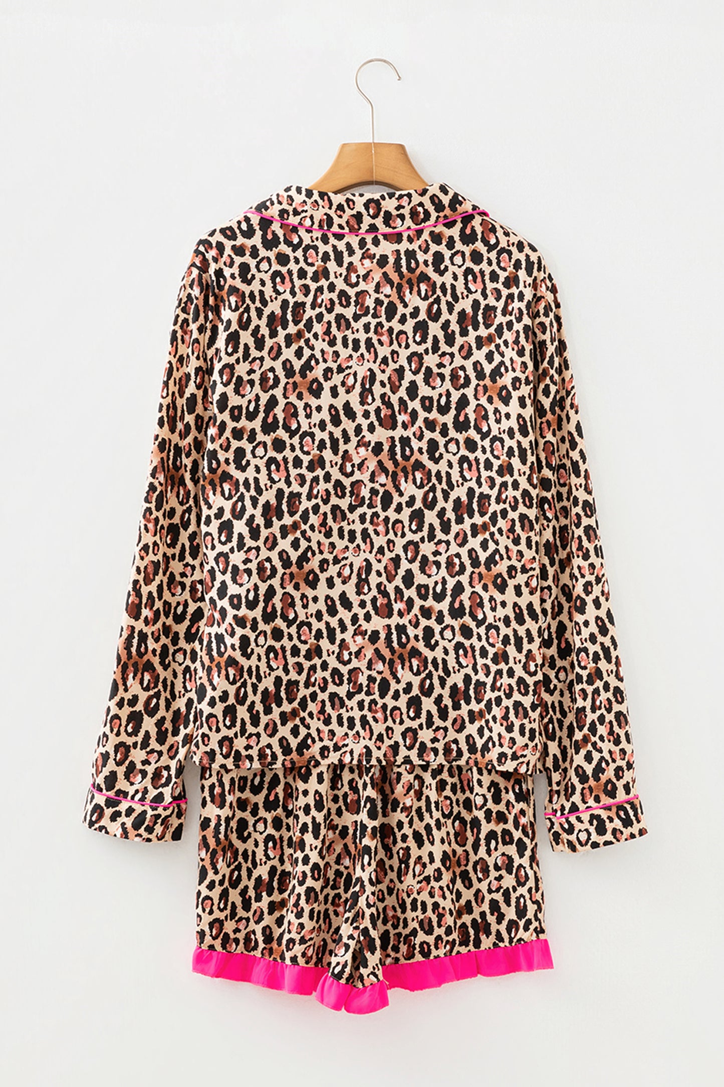 Light French Beige Leopard Print Contrast Trim Long Sleeve Shirt Drawstring Ruffle Hem Short Set - Cowaa