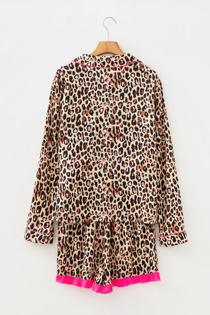 Light French Beige Leopard Print Contrast Trim Long Sleeve Shirt Drawstring Ruffle Hem Short Set - Cowaa