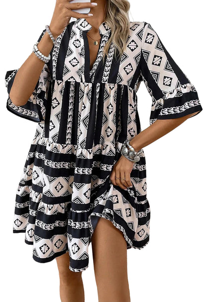 Black Abstract Print Bell Sleeve V Neck Boho Dress - Cowaa