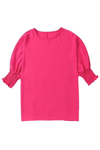 Apricot Solid Casual Smocked Cuffs Batwing Sleeve Blouse - Cowaa