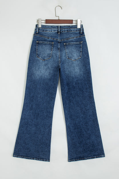 Sail Blue Acid Wash Pocket Detail Flare Jeans