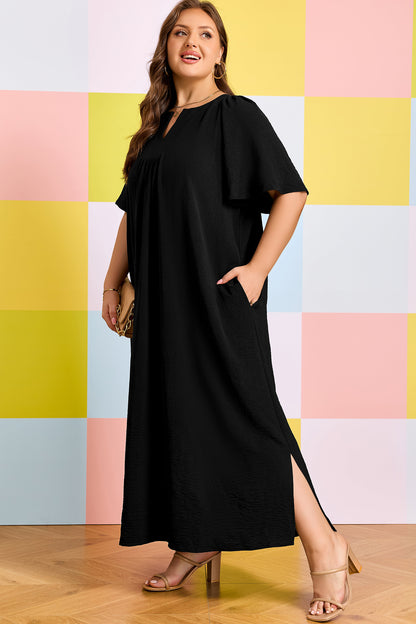 Black Plus Size Solid Color Notched Neck Short Sleeve Loose Dress - Cowaa