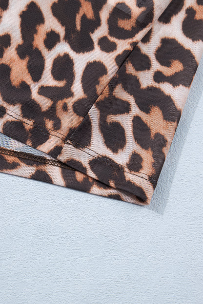 Brown Plus Size Mock Neck Leopard Mesh Top - Cowaa