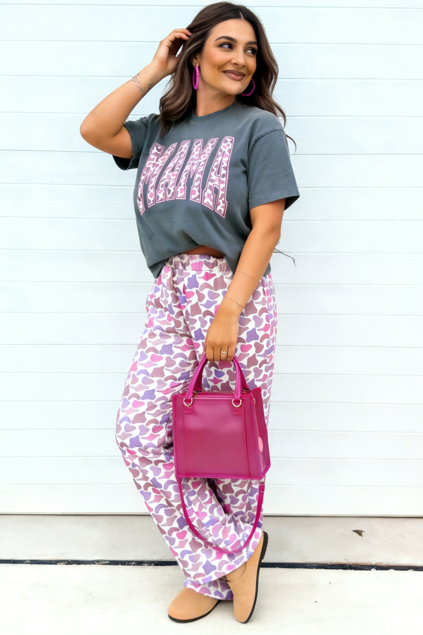 Medium Grey MAMA Letter Graphic Tee Camouflage Print Loose Pant Set - Cowaa
