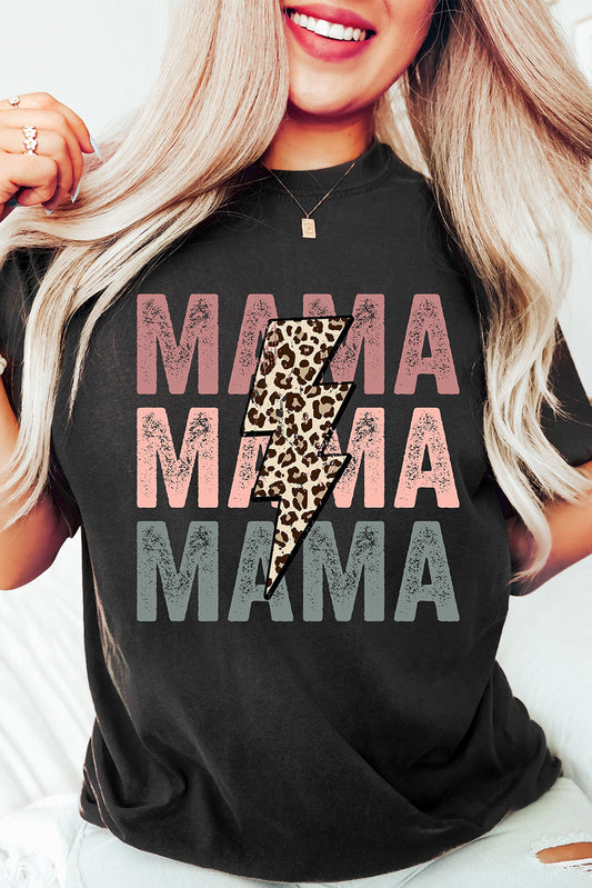 Black Leopard Lightning MAMA Letter Print Graphic Tee - Cowaa