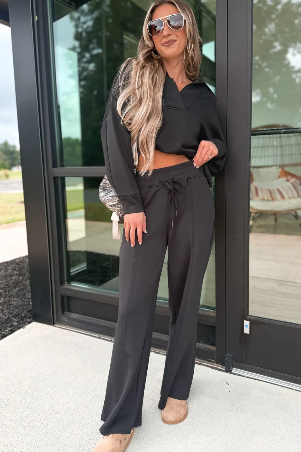 Bristol Black Collared V Neck Pullover Sweatshirt Sweatpants Set - Cowaa