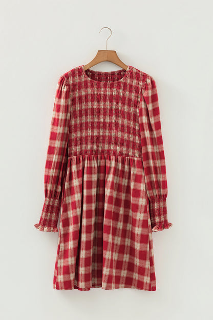 Red Plaid Print Smocked Puff Sleeve Mini Dress