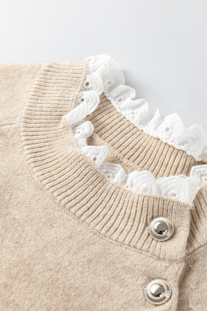 Parchment Button Lace Detail Raglan Sleeve Shift Mini Sweater Dress - Cowaa