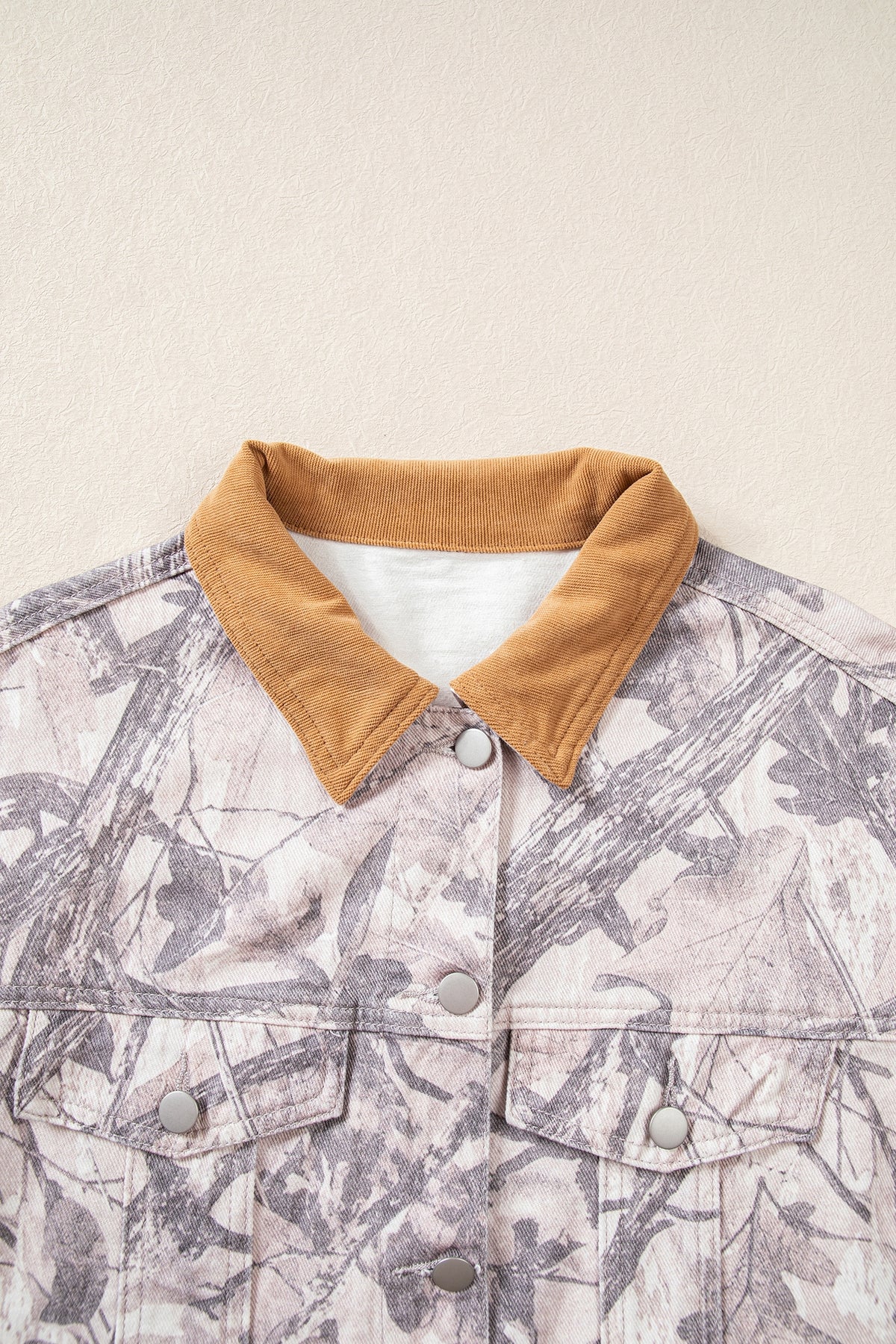 Gray Abstract Camo Print Colorblock Collar Oversized Shift Silhouette Denim Jacket