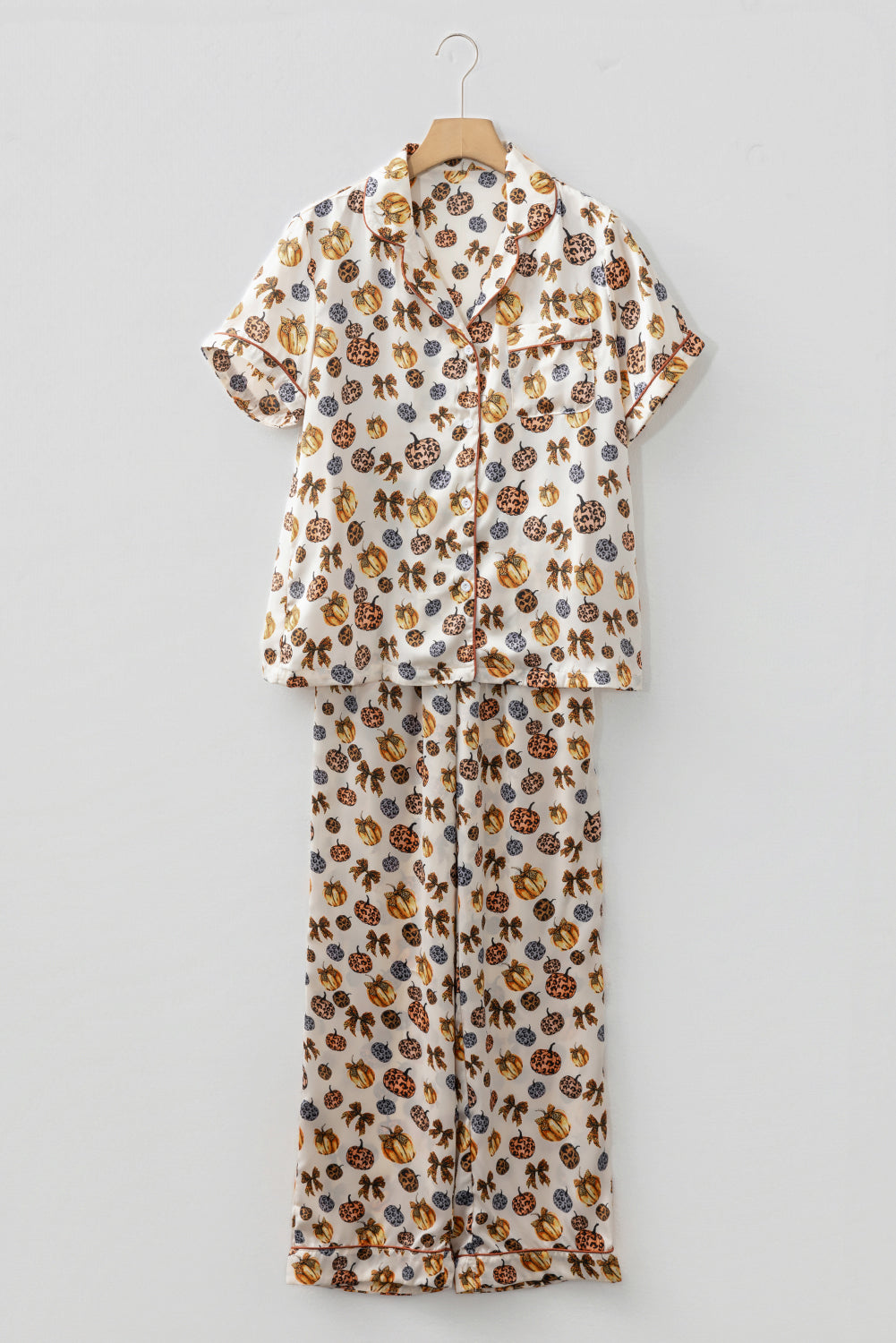 Beige Leopard Pumpkin Allover Halloween 2pcs Pajama Set - Cowaa