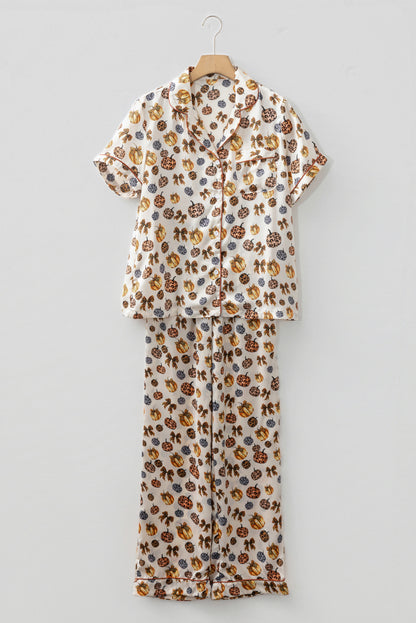 Beige Leopard Pumpkin Allover Halloween 2pcs Pajama Set - Cowaa