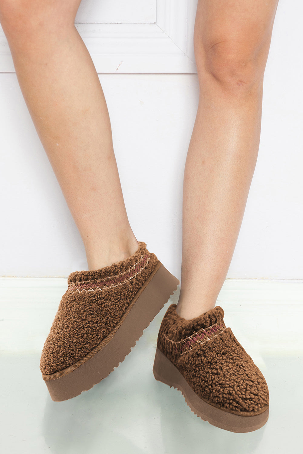 White Suede Contrast Print Plush Platform Snow Boots - Cowaa
