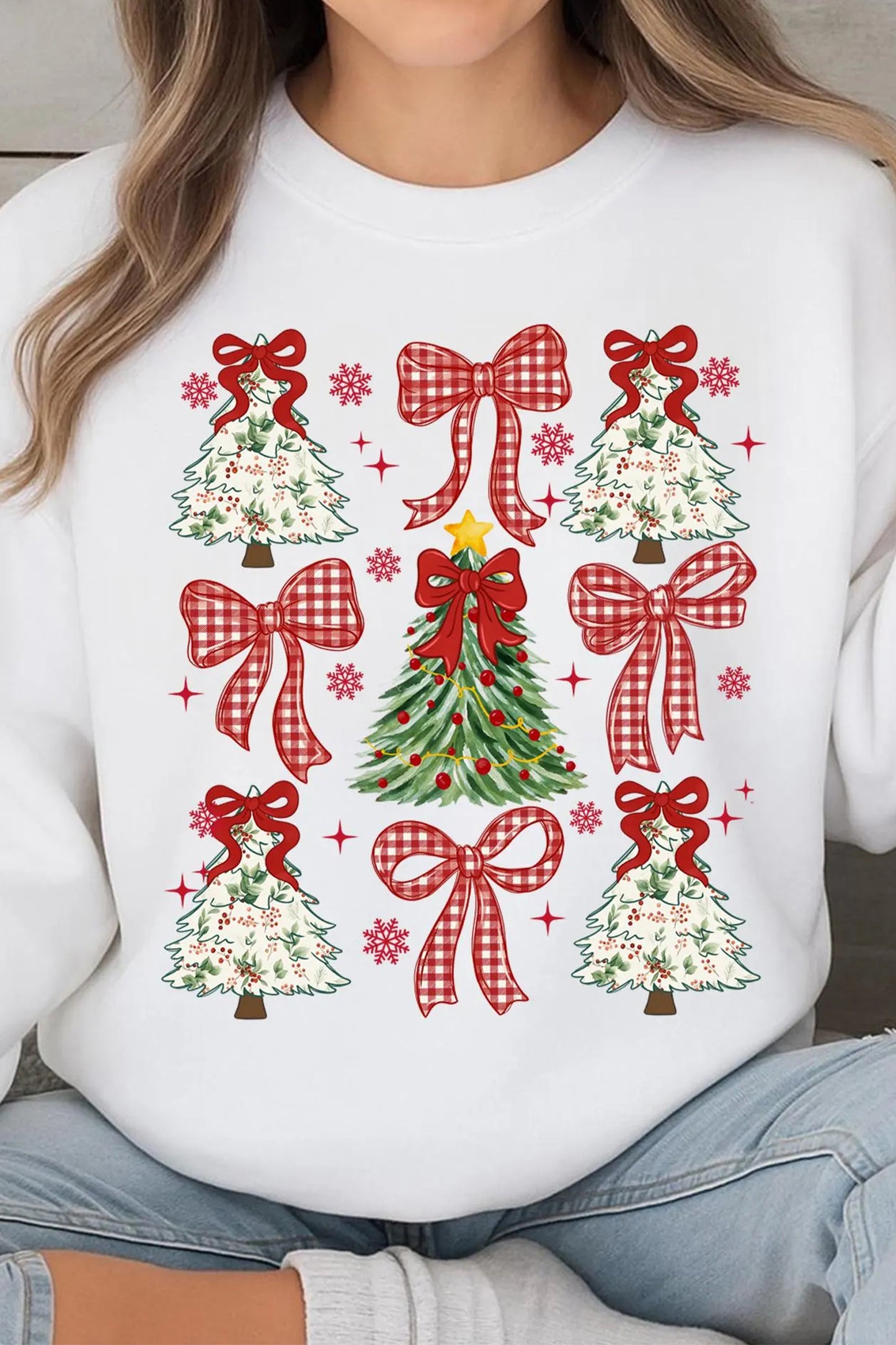 White Christmas Tree Ribbon Bow Printed Drop Shoulder Sweatshirt