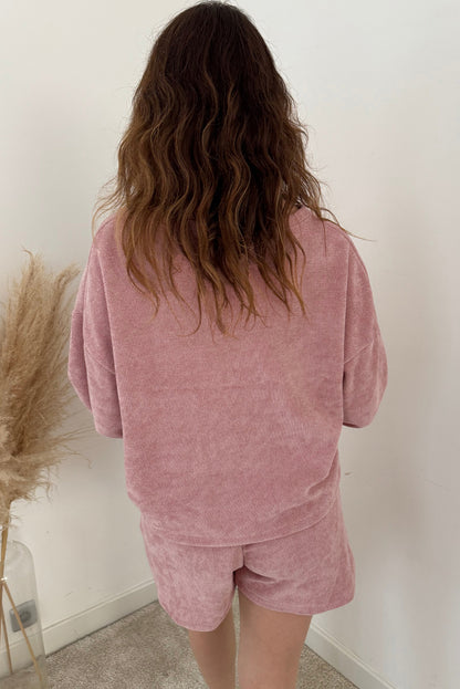Fushia Solid Color Textured Knit Drop Shoulder Pullover Drawstring Shorts Set
