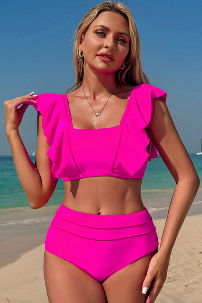 Bright Pink Tie Back Ruffled 2pcs Bikini Swimsuit