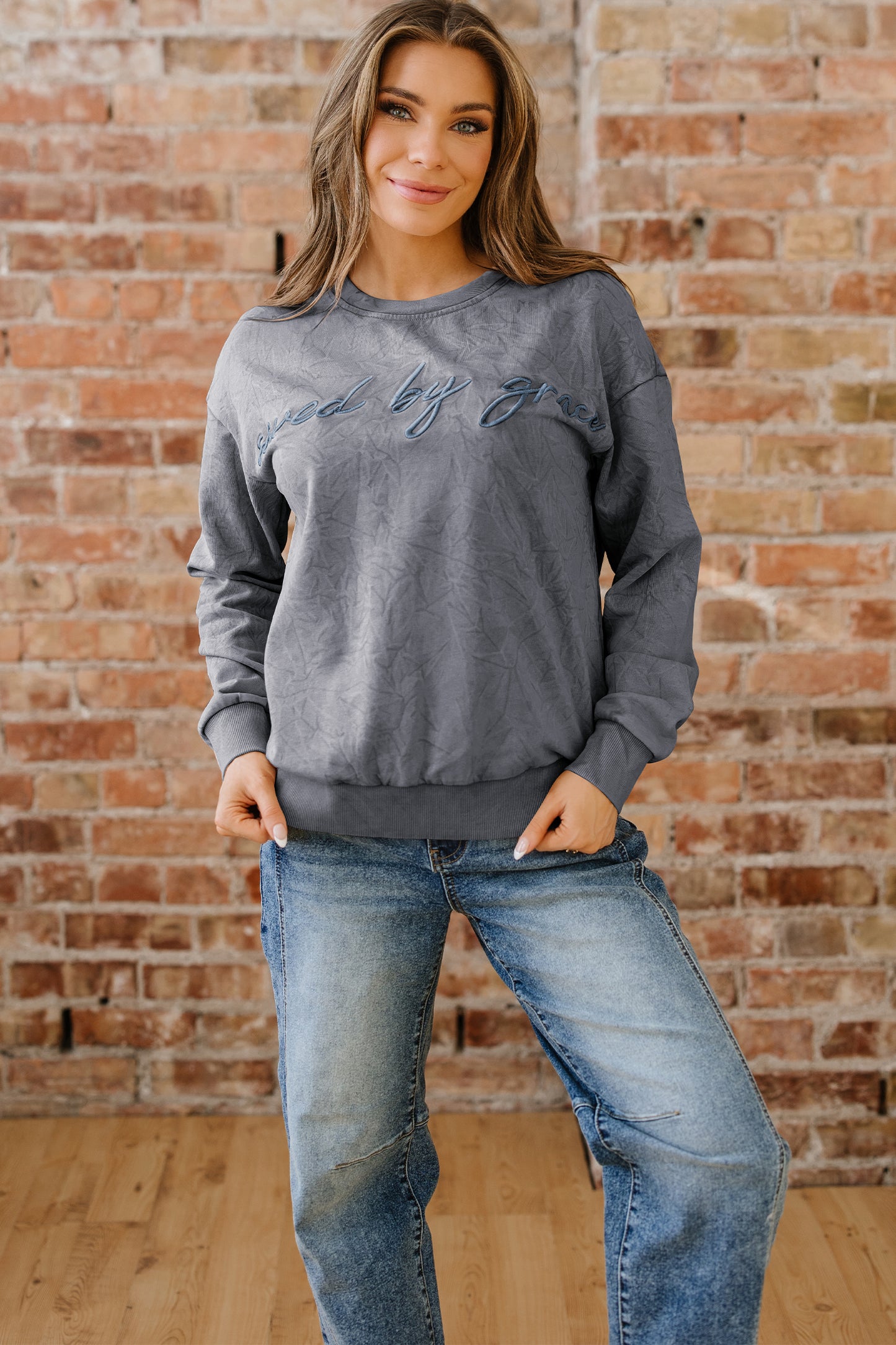 High-rise saved by grace Letter Embroidery Mineral Wash Loose Sweatshirt - Cowaa