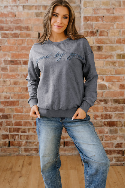 High-rise saved by grace Letter Embroidery Mineral Wash Loose Sweatshirt - Cowaa