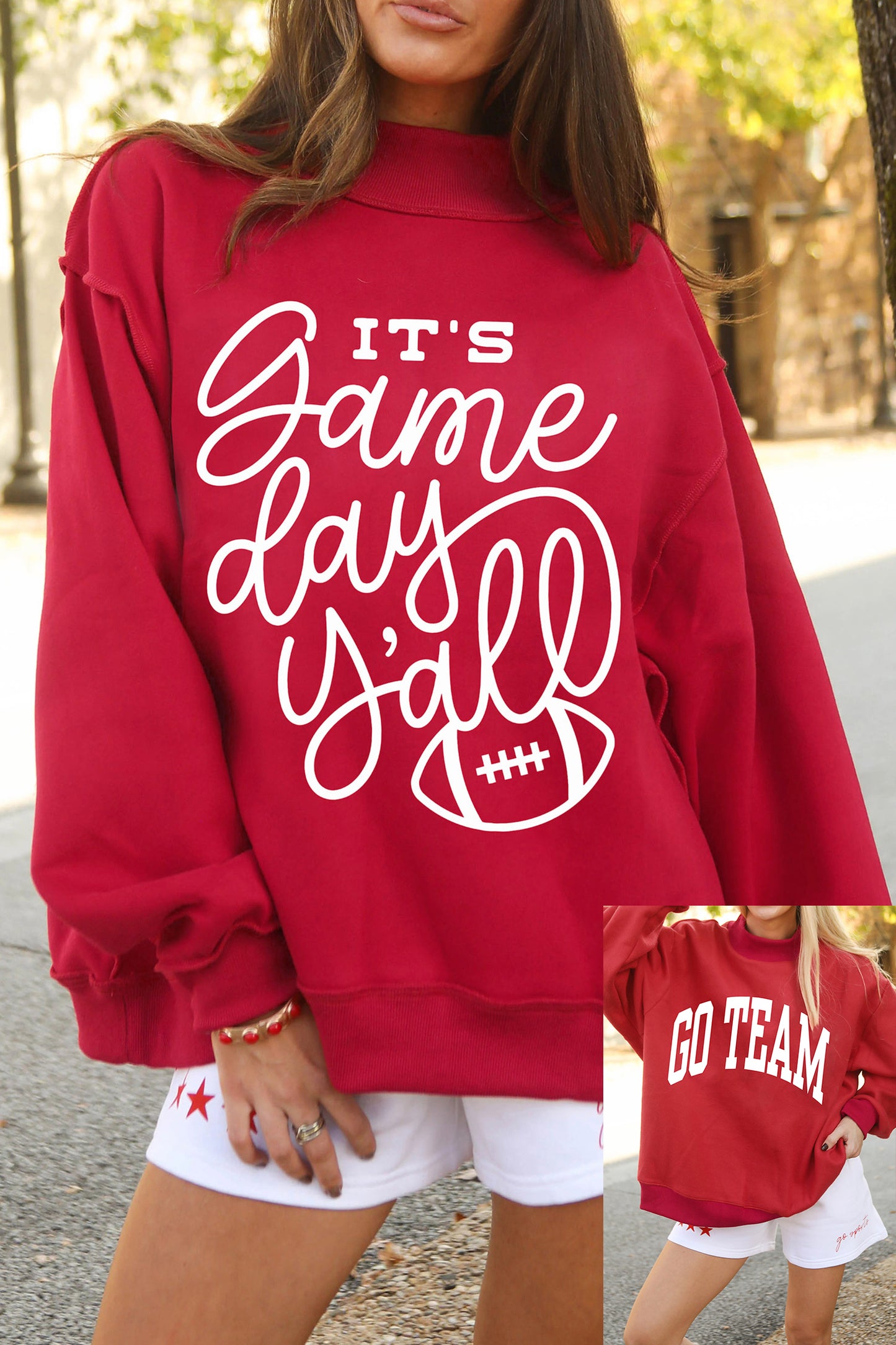 Racing Red Game Day Slogan Double Side Printed Reversible Baggy Sweatshirt