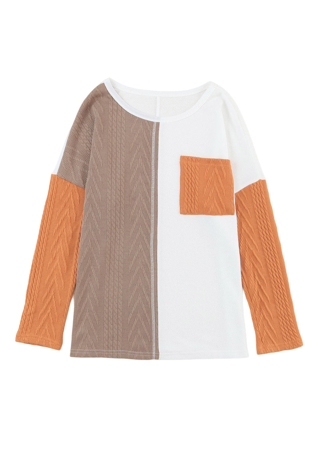 Long Sleeve Colorblock Chest Pocket Textured Knit Top - Cowaa