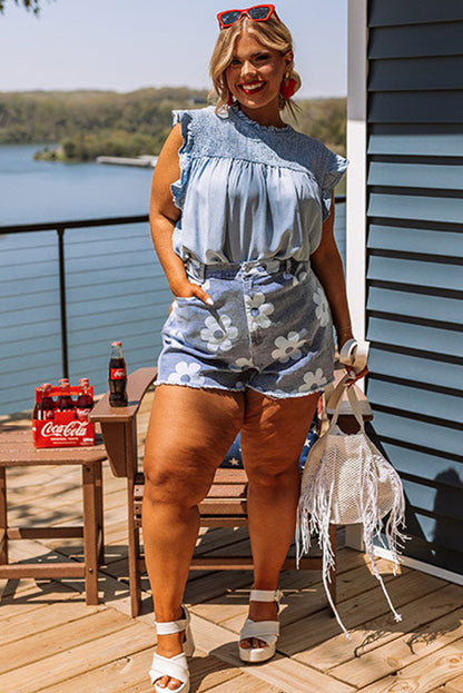 Ashleigh Blue Floral Pattern Raw Hem Plus Size Denim Shorts