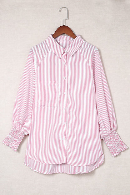 Black Striped Casual Shirred Cuffs Shirt - Cowaa