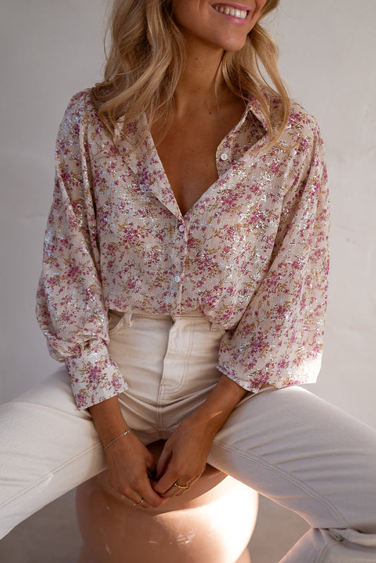 Pink Ditsy Floral Print Bishop Sleeve Collared V Neck Shirt - Cowaa