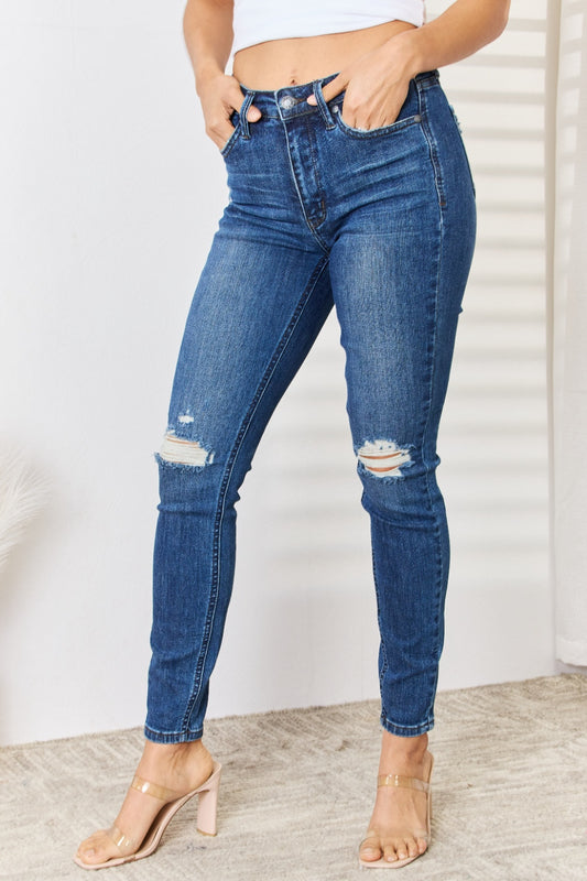 Judy Blue Full Size Mid Waist Distressed Slim Jeans - Cowaa