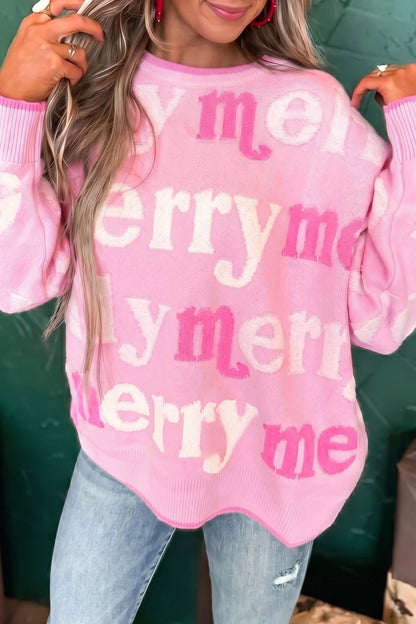 Pink All Over Merry Me Graphic Round Neck Knit Sweater