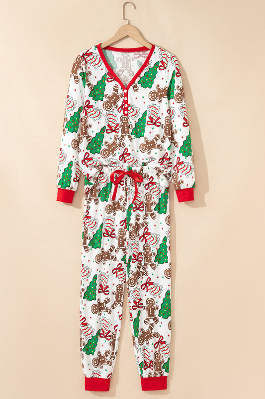 White Christmas Pattern Button V Neck Pullover Drawstring Pants 2pcs Lounge Set - Cowaa