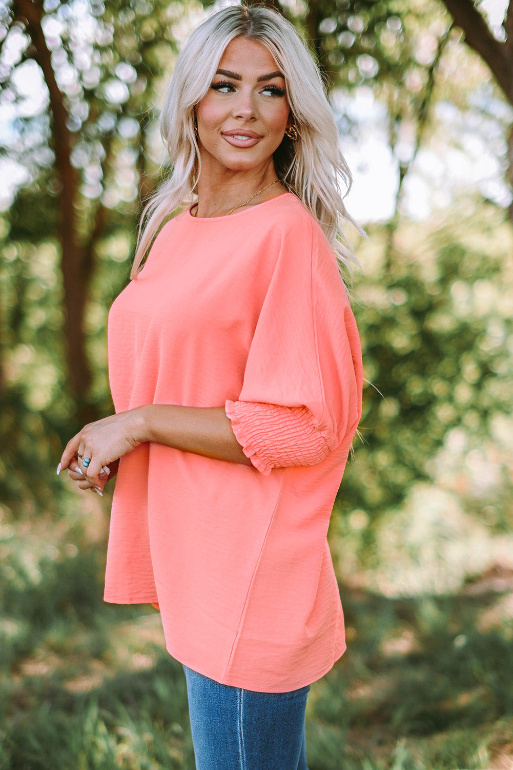 Apricot Solid Casual Smocked Cuffs Batwing Sleeve Blouse - Cowaa