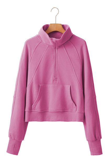 Brown Zip Up Stand Collar Thumbhole Sleeve Sweatshirt - Cowaa