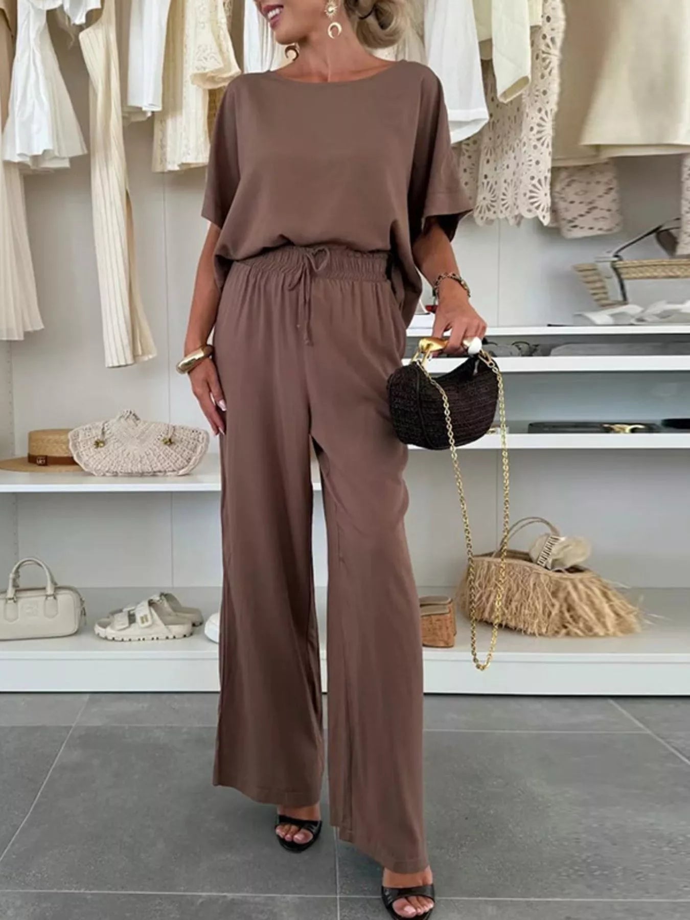 Full Size Casual Loose Round Neck Top and Pants Two-Piece Set Plus Size.
