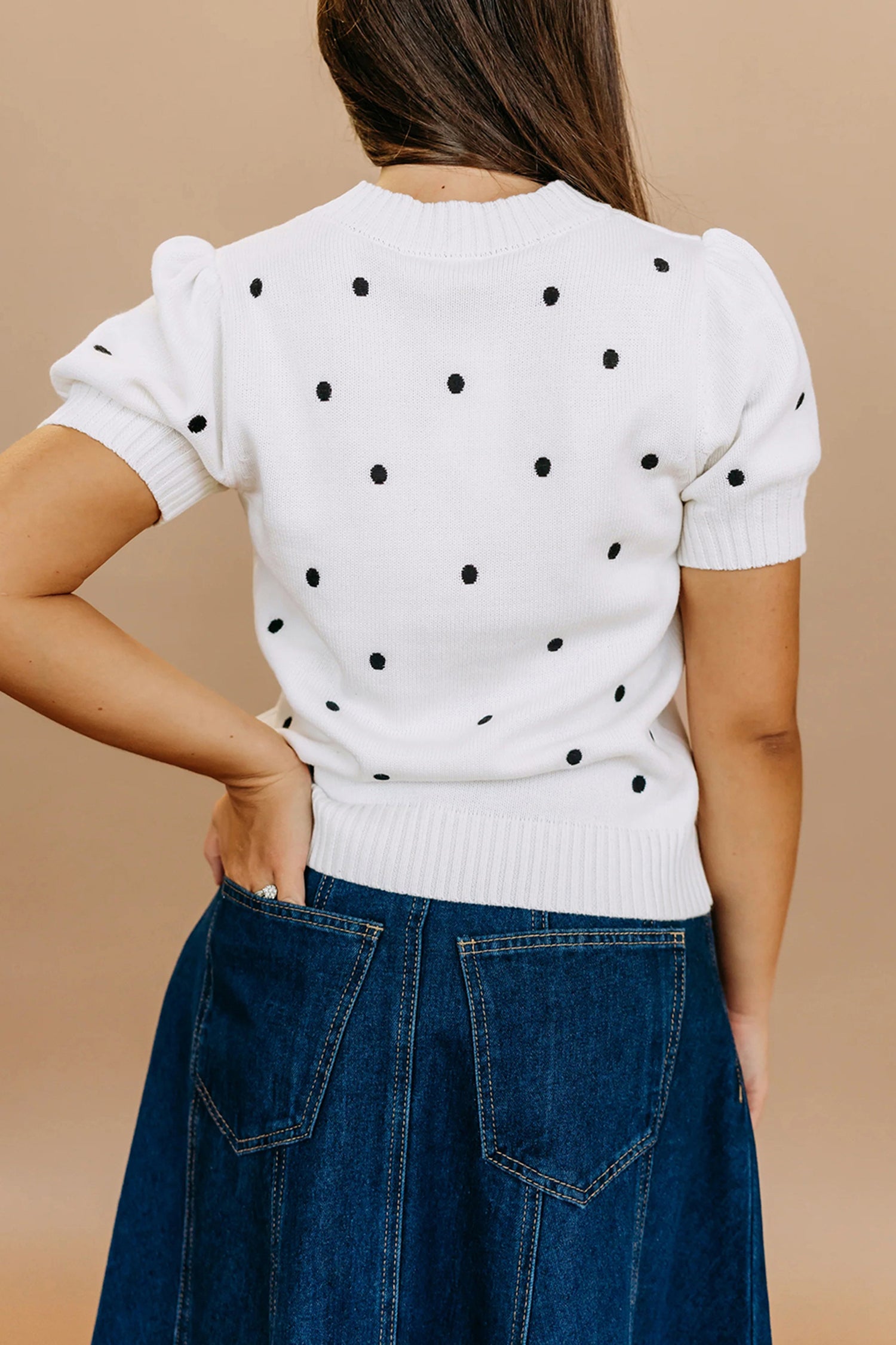 White Elegant Polka Dot Bubble Short Sleeve Sweater - Cowaa