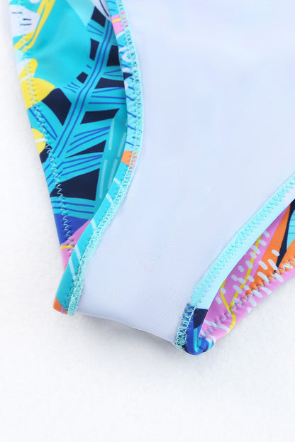 Green Tropical Print Ruffled Square Neck Tie High Waist Swimsuit - Cowaa