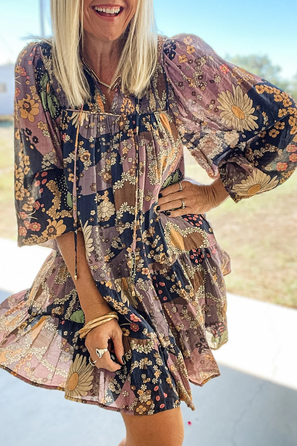 Purple Boho Floral Print Puff Sleeve Flowy Mini Dress - Cowaa