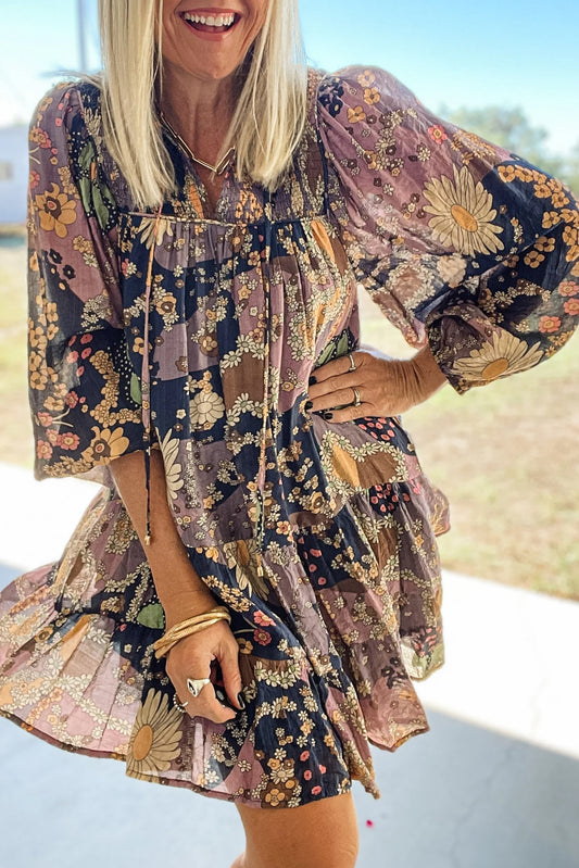 Purple Boho Floral Print Puff Sleeve Flowy Mini Dress - Cowaa