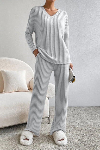 Ribbed V-Neck Top and Pants Set - Cowaa