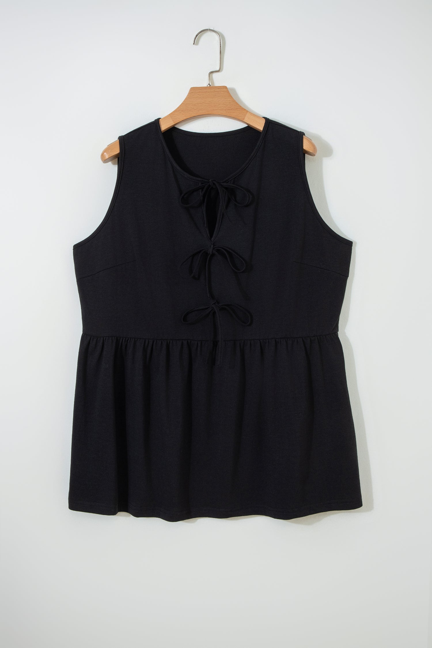 Black Plus Size Solid Color Bow Tie Peplum Tank Top - Cowaa