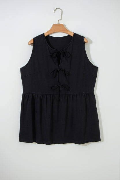 Black Plus Size Solid Color Bow Tie Peplum Tank Top - Cowaa