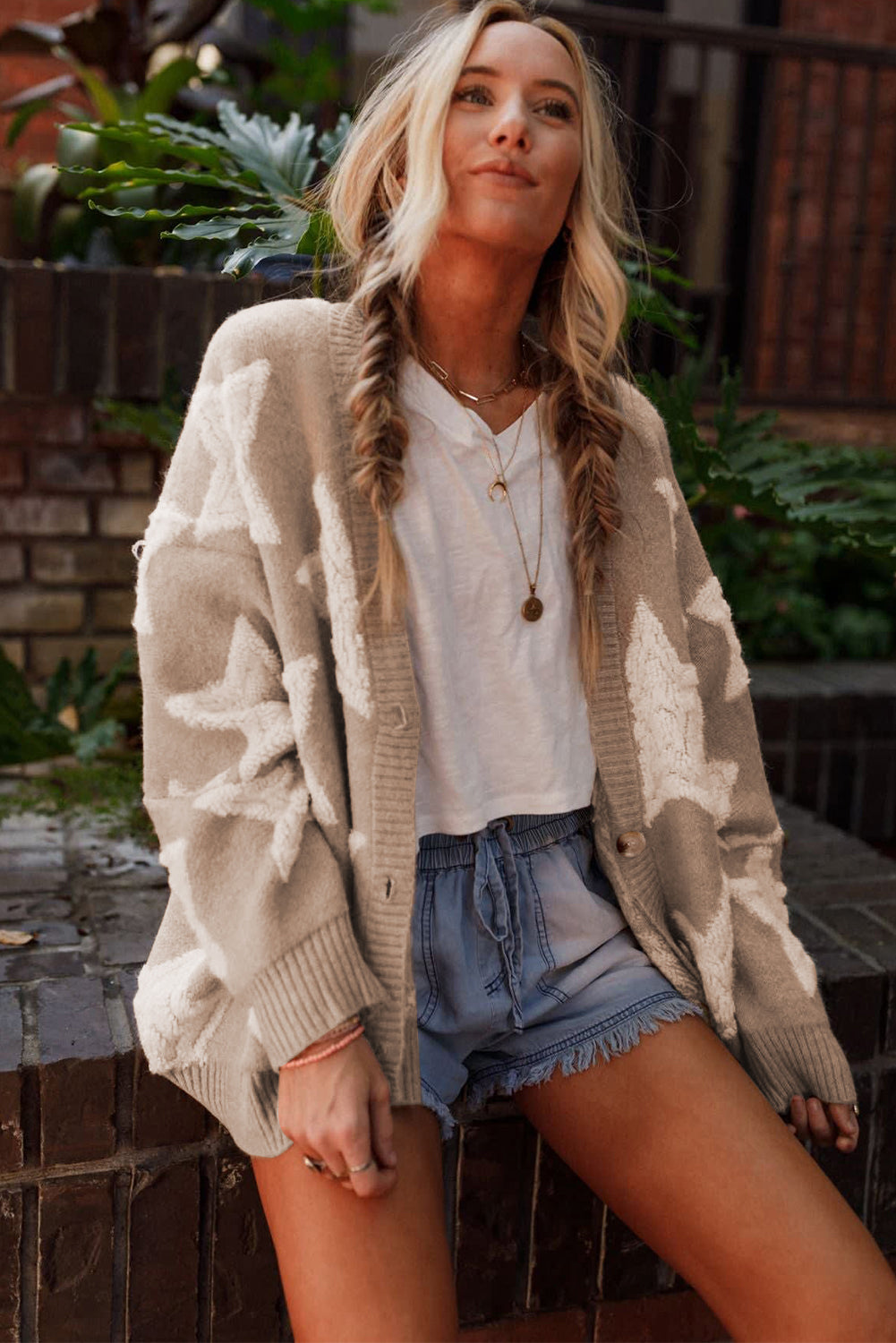 Khaki Star Pattern Pockets Button Front Cardigan - Cowaa