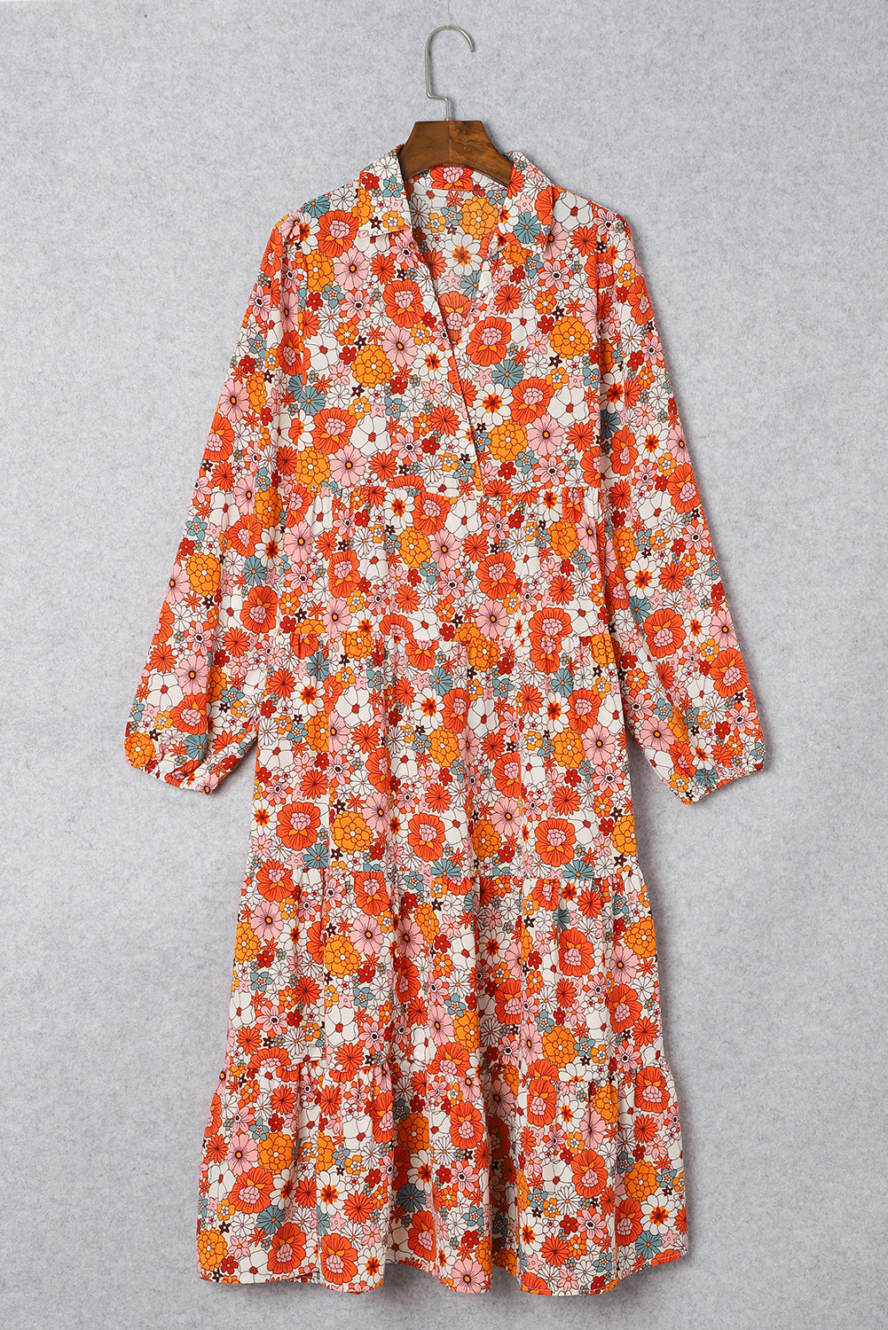 Multicolor Boho Floral Collared Long Sleeve Dress - Cowaa